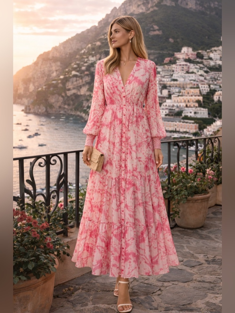 Rococo Sand Pink Tie Dye Maxi Dress Button Front Boho Resort Small